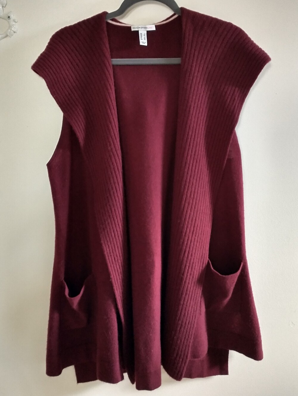 Isaac Mizrahi 100% Cashmere Sleeveless Open-Front Cardigan Vest Burgundy L
